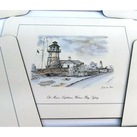 Jason Hard Placemats Set 6 Bay Rocks Lighthouse Sydney Castles Cork Back Box Vtg - Picture 3 of 9